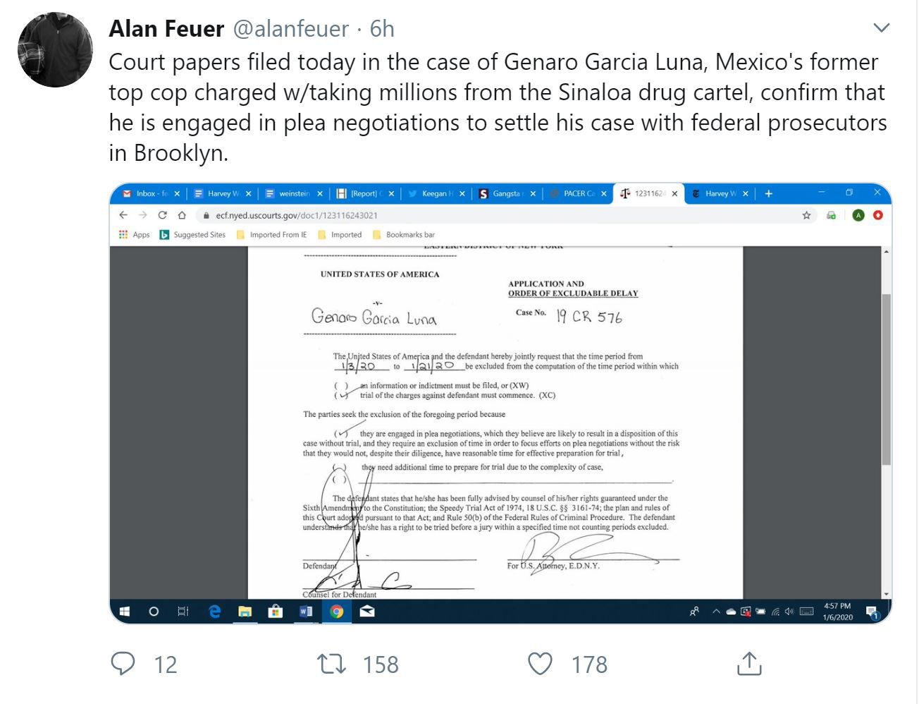 Alan Feuer fue quien compartió copia de los documentos liberados por la Fiscalía de la Corte Federal del Distrito Este de Nueva York a través de su cuenta de Twitter en los que se expone el supuesto trato de García Luna con el gobierno norteamericano (Foto: Twitter/ @alanfeuer)
