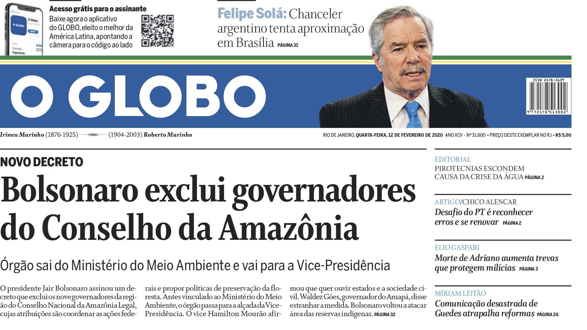 La tapa de la edición de este miércoles de O'Globo
