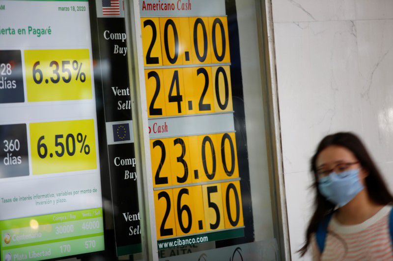 Imagen de archivo. Una mujer con una mascarilla camina frente a un banco que muestra la cotización del peso mexicano, en Ciudad de México, México. 18 de marzo de 2020. REUTERS/Gustavo Graf