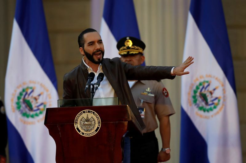 El Salvador President Nayib Bukele speaks during a ceremony to deploy military personnel to support his security plan in San Salvador, El Salvador, February 18, 2020. REUTERS/Jose Cabezas