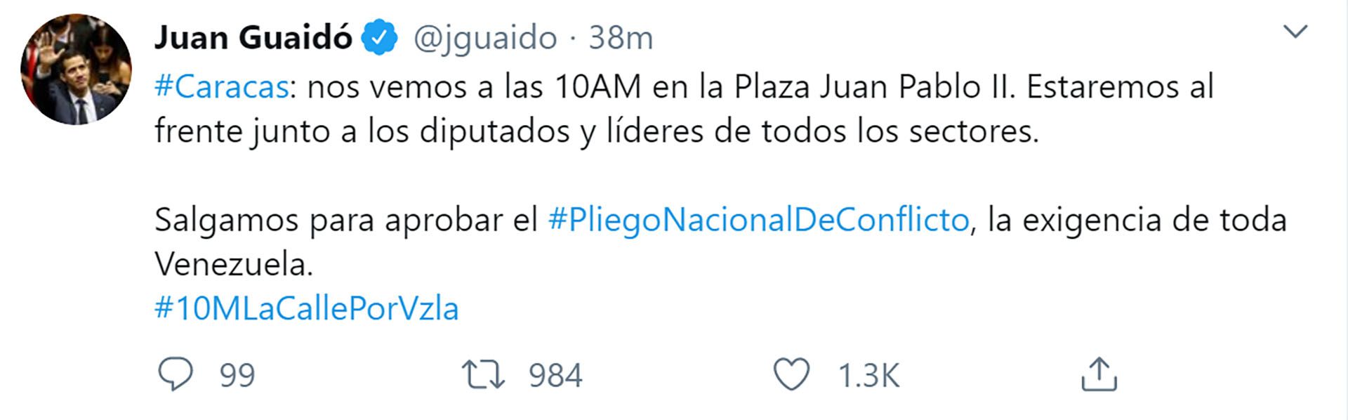 El mensaje de Juan Guaidó en Twitter