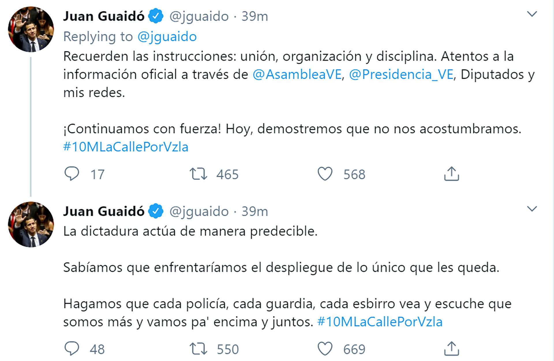 El mensaje de Juan Guaidó en Twitter