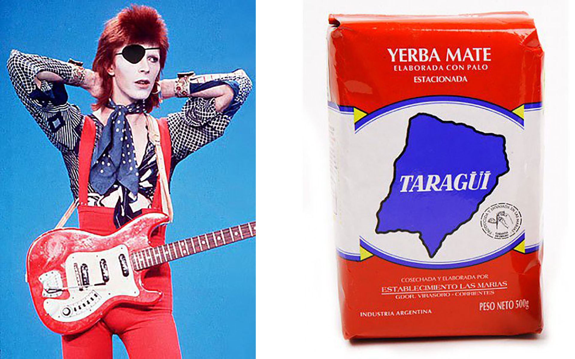 Jardinero rojo, pañuelo al cuelllo y camisa en blanco y azul, el look de Bowie que este usuario de Twitter comparó con el paquete de yerba Taragüi