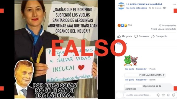 Es falso que el Gobierno suspendió los vuelos de Aerolíneas Argentinas que trasladan órganos del Incucai