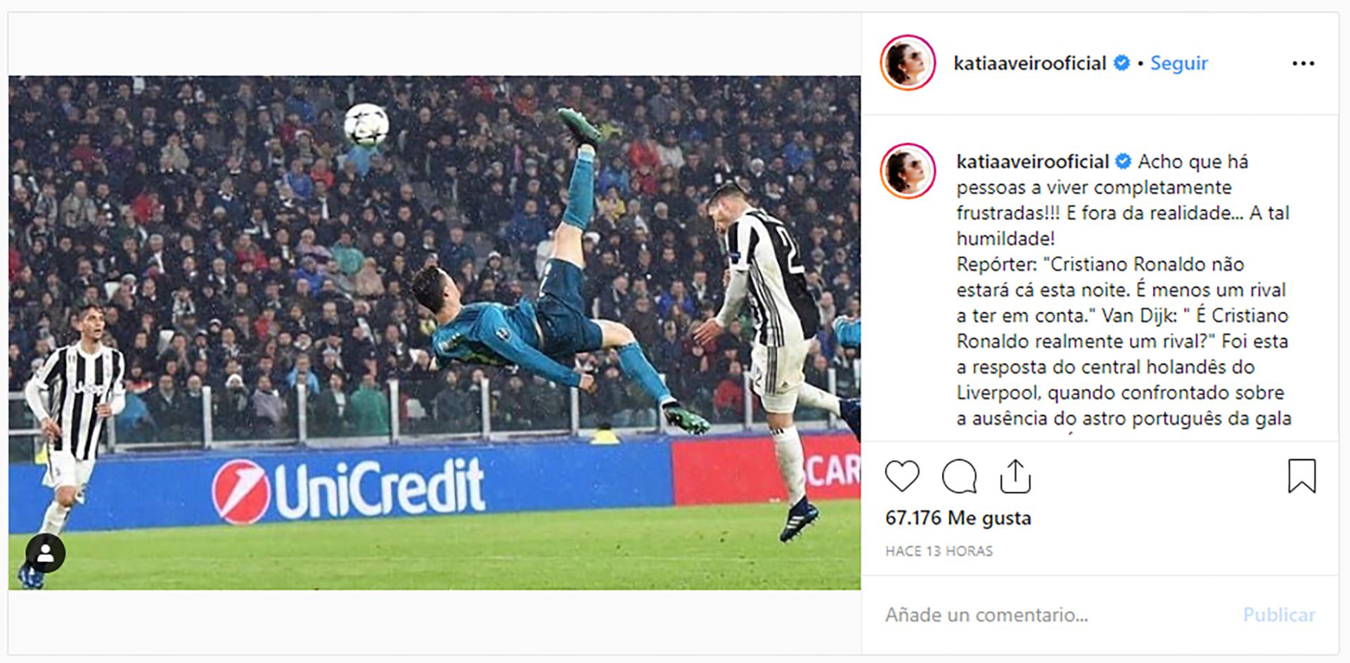 El respaldo de la hermana de Cristiano Ronaldo en Instagram (IG: @katiaaveirooficial)