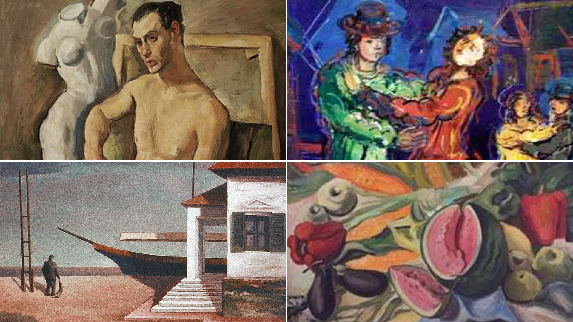 Pintores argentinos. Obras de Jorge Larco (arriba, izq), Bruno Venier (arriba, der), Onofrio Pacenza (abajo, izq) y Mané Bernardo