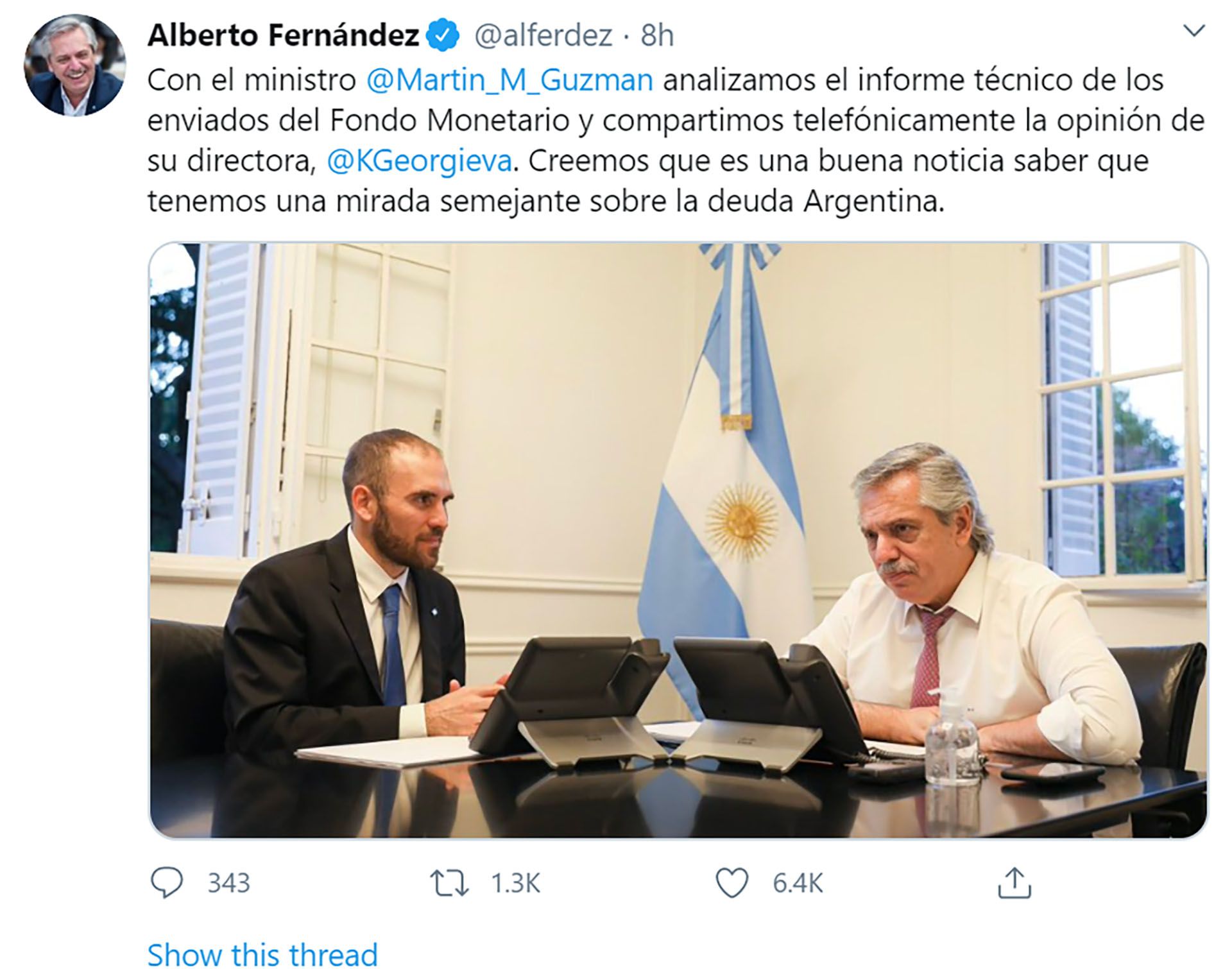El presidente Alberto Fernández dialogó hace semana con Georgieva, con quien mantiene una relación fluída
