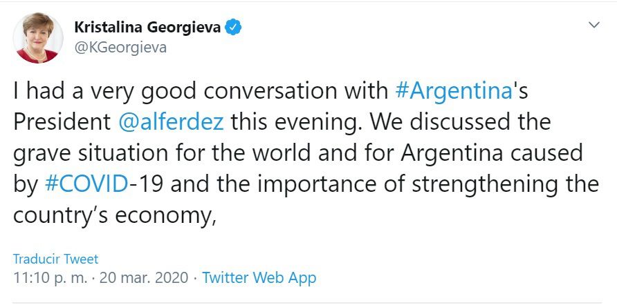 El mensaje de la directora del FMI luego de la comunicación telefónica con Alberto Fernández.