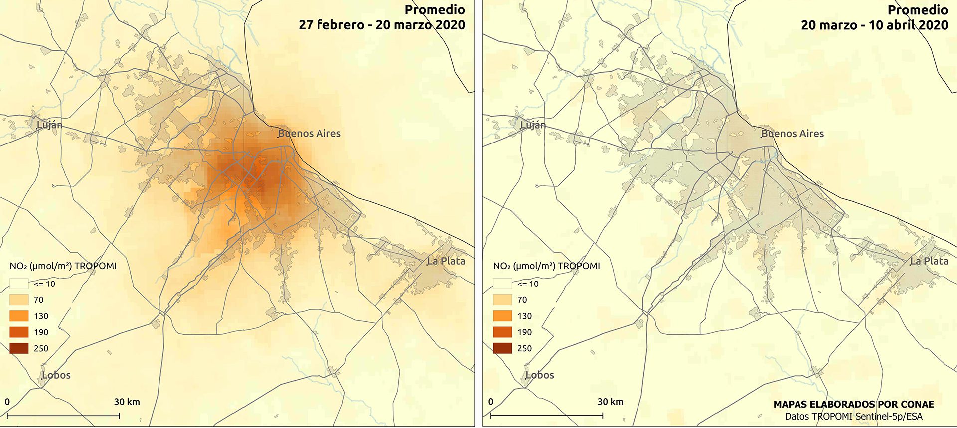 Mapa comparativo de NO2 en Buenos Aires, de febrero-marzo - marzo-abril (CONAE)