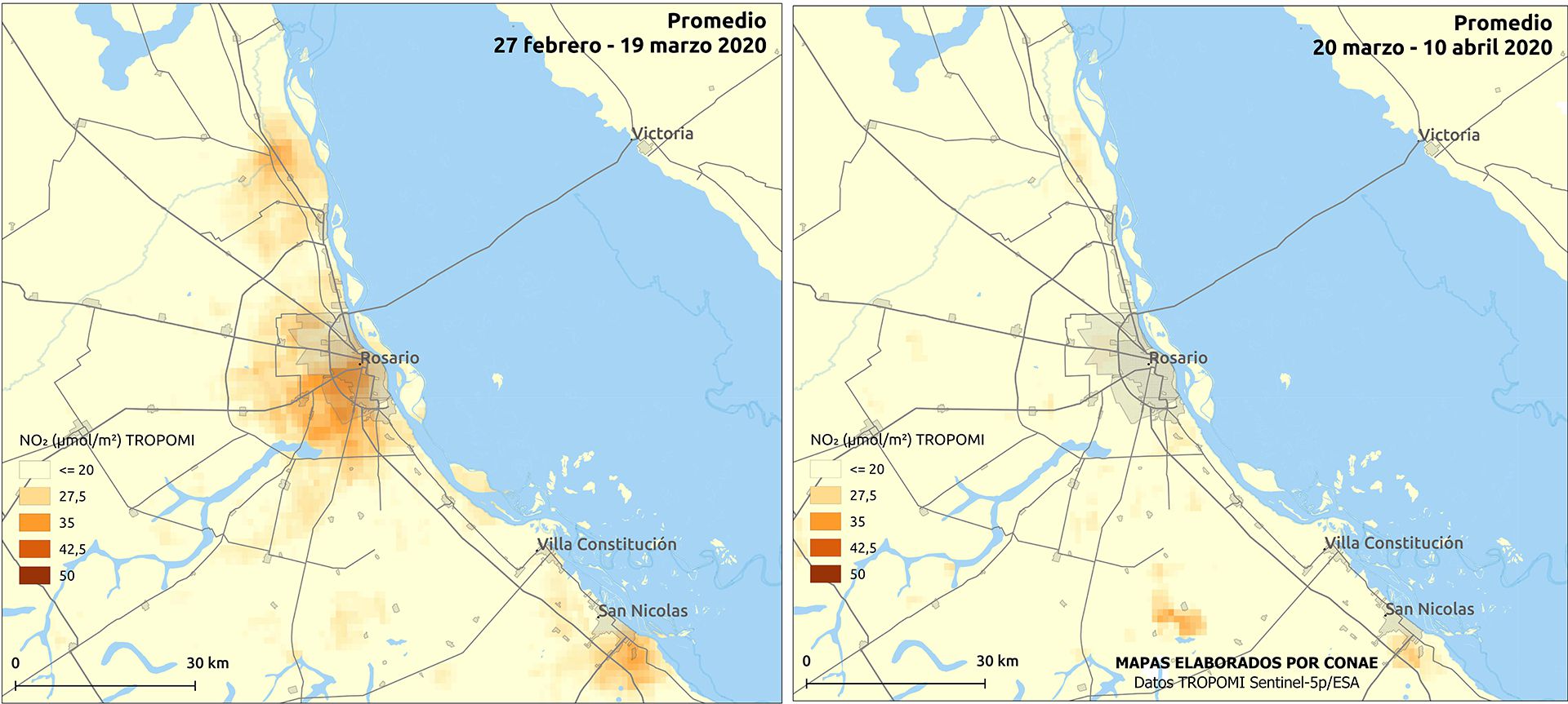 Mapa comparativo de NO2 en Rosario, de febrero-marzo - marzo-abril (CONAE)