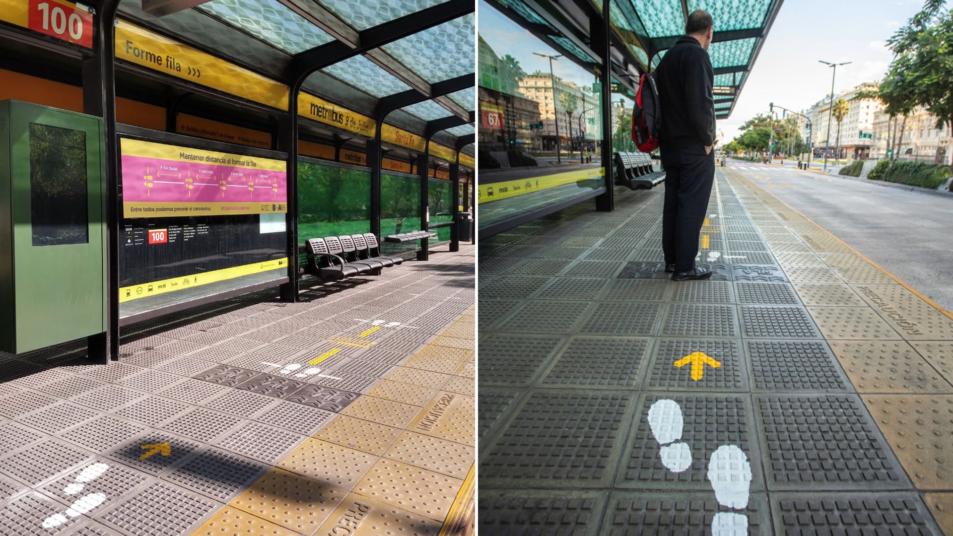 Los pies dibujados sobre el suelo de la estación de Metrobus, con una distancia de cuatro baldosas entre cada una de las figuras
