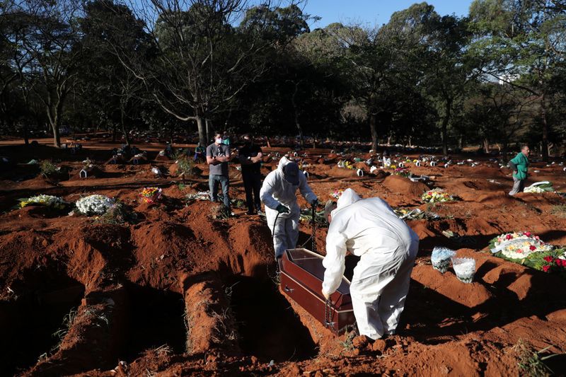 Foto de archivo: Sepultureros con trajes protectores se preparan para enterrar el ataúd de Izolina de Sousa, de 85 años, quien murió a causa de COVID-19, en el cementerio de Vila Formosa, el más grande de Brasil, en Sao Paulo. 26 de mayo de 2020.. REUTERS/Amanda Perobelli