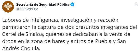 Dos presuntos integrantes del Cártel de Sinaloa fueron detenidos en San Andrés Cholula, Puebla (Foto: Twitter/@SSPGobPue)