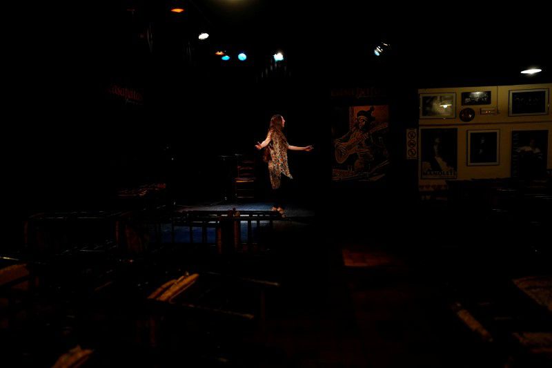 Mariana Collado, dancer at tavern-restaurant and flamenco tablao Casa Patas, performs for Reuters at Casa Patas, which is closed due to the lockdown imposed to fight against the coronavirus disease (COVID-19) outbreak in Madrid, Spain, June 2, 2020. Picture taken June 2, 2020. REUTERS/Juan Medina
