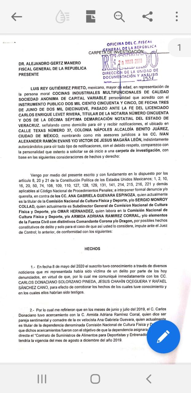 Parte de la denuncia presentada ante la FGR (Foto: Twitter/ @arteaganoticias)