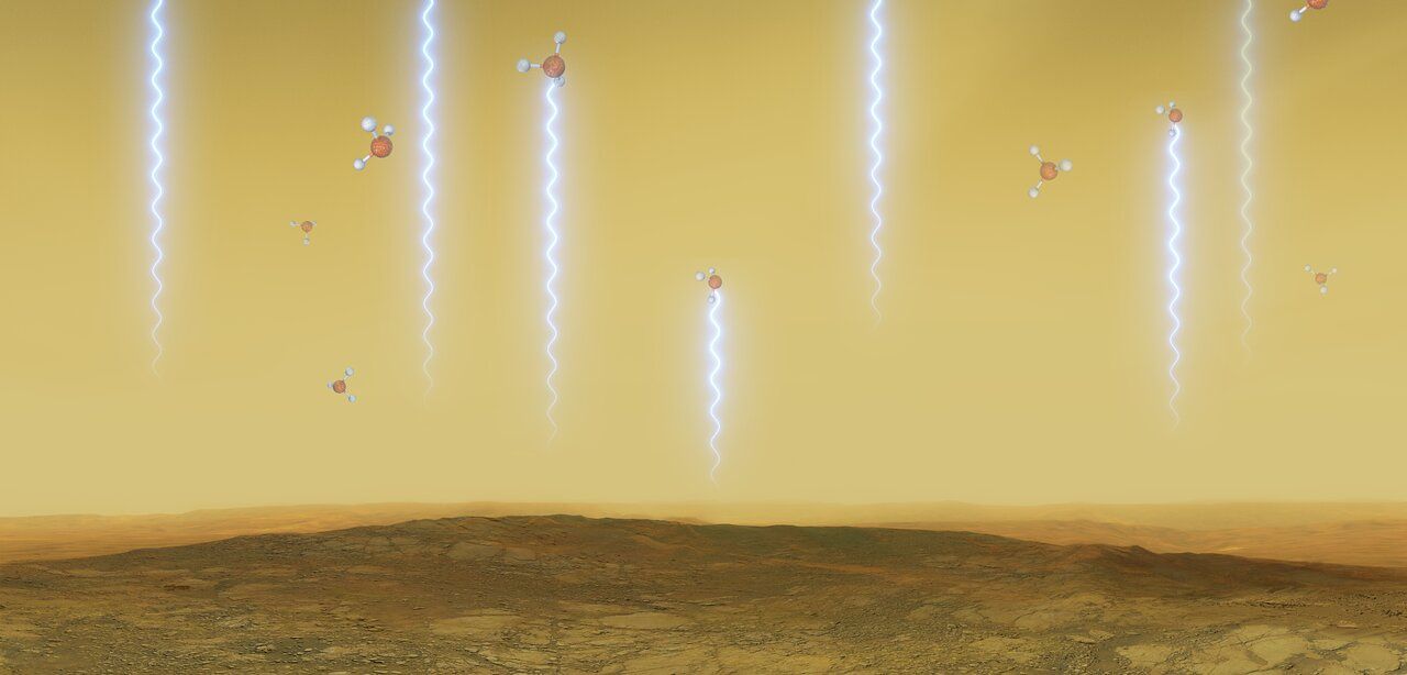 Esta ilustración artística muestra la superficie y la atmósfera de Venus, así como moléculas de fosfina. Estas moléculas flotan en las nubes de Venus arrastradas por el viento a altitudes de 55 a 80 km, absorbiendo algunas de las ondas milimétricas que se producen en altitudes más bajas. Fueron detectadas en las nubes altas de Venus en datos del Telescopio James Clerk Maxwell y el Gran telescopio Milímetro/Submilímetro en el desierto de Atacama, en el que ESO es socio. (ESO / M. Kornmesser / L. Calcada vía REUTERS)