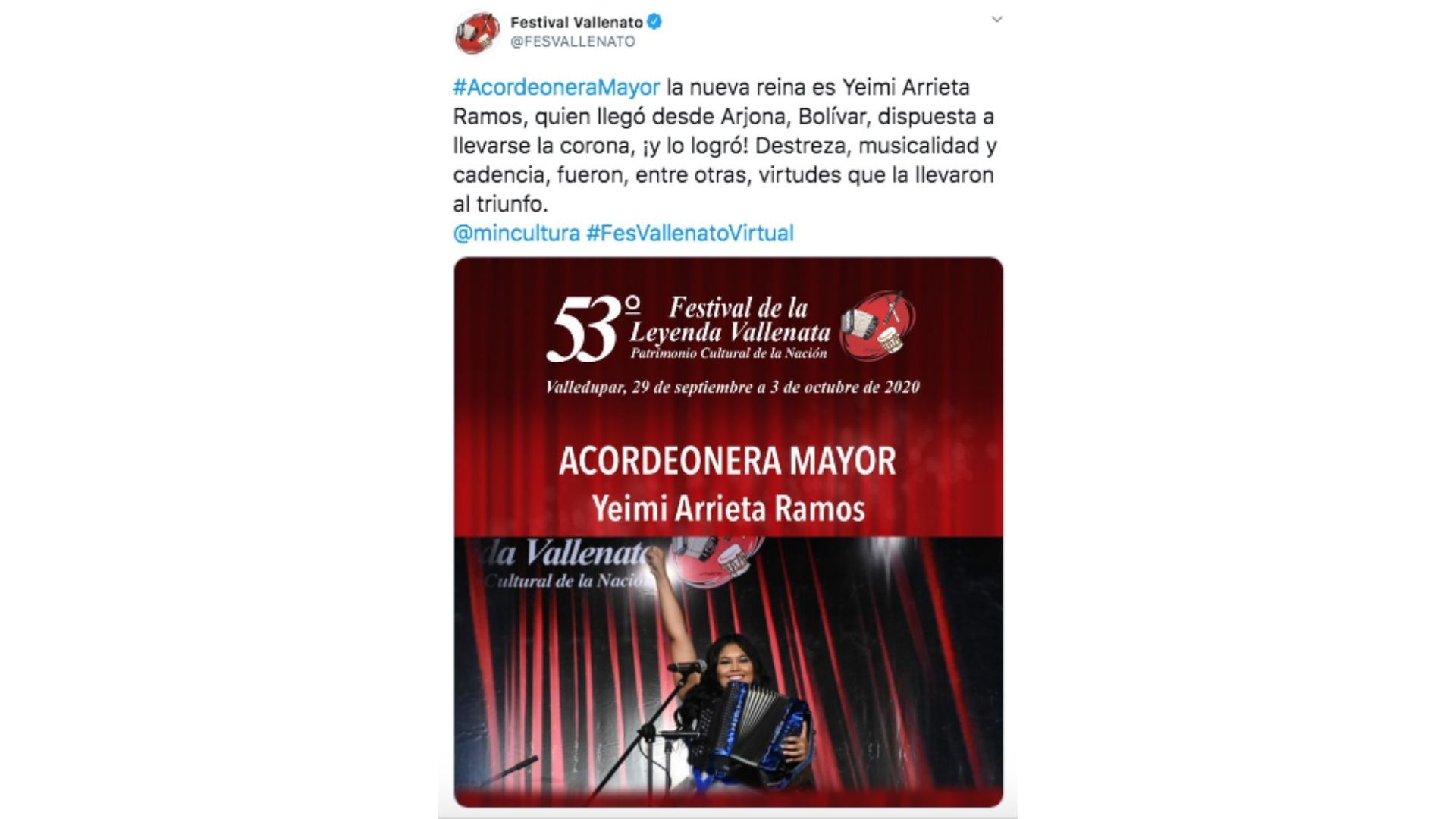 Yeimi Arrieta se llevó el título Acordeonera Mayo con el que se reconoce a lo mejor del vallenato femenino.