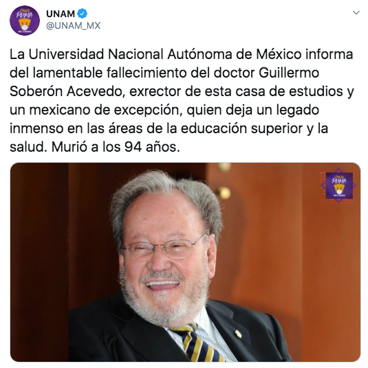 La UNAM dio a conocer el fallecimiento de quien fue su rector dede 1973 a 1981 (Foto: Twitter)