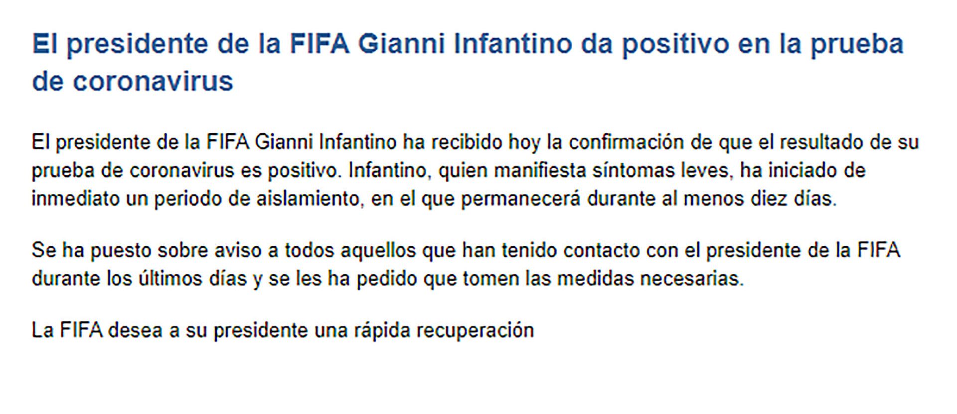 Presidente FIFA Gianni Infantino Coronavirus