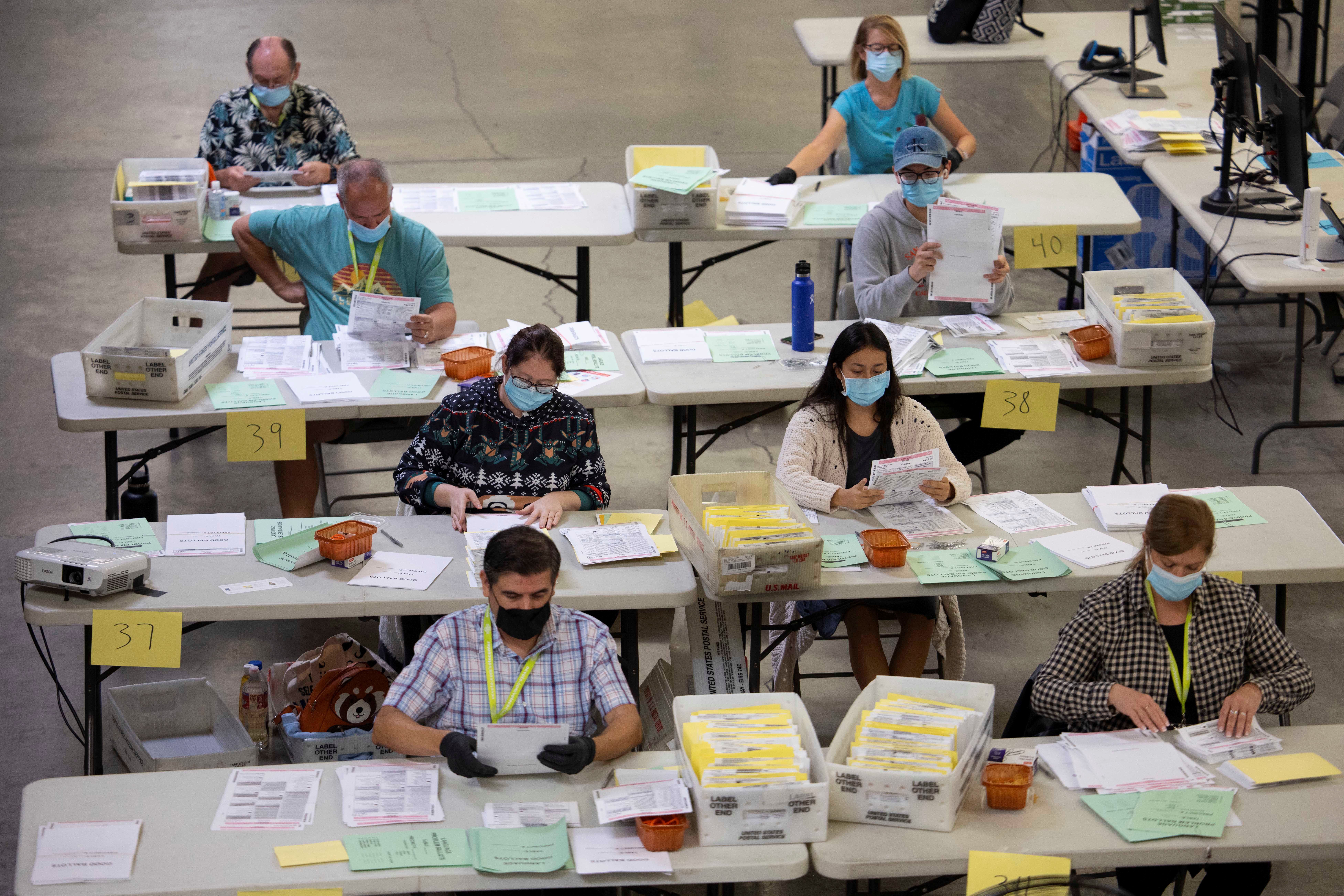 Trabajadores electorales clasifican algunas de las miles de boletas por correo en el Registro de Votantes del Condado de Orange en Santa Ana, California (REUTERS/Mike Blake)