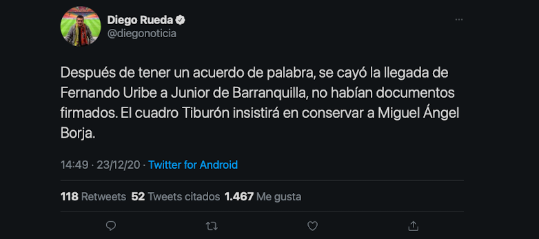 Periodista deportivo Diego Rueda anunció que Junior intentará conservar a Miguel Borja para la temporada 2021 del Fútbol Profesional Colombiano / (Twitter: @diegonoticia).