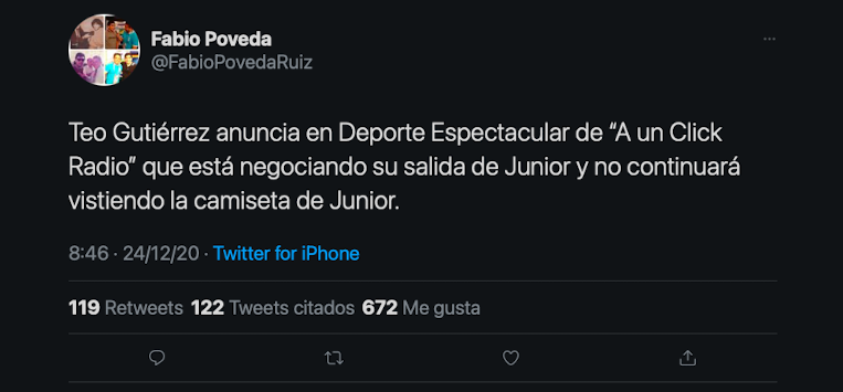 Periodista Fabio Poveda anunció la posible salida de Teófilo Gutiérrez de Junior de Barranquilla / (Twitter: @FabioPovedaRuiz).