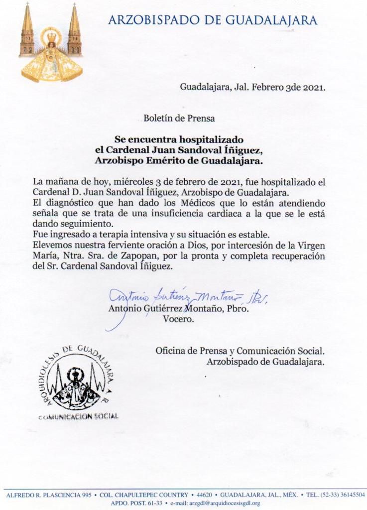 Hospitalizan a cardenal de Guadalajara Juan Sandoval Íñiguez