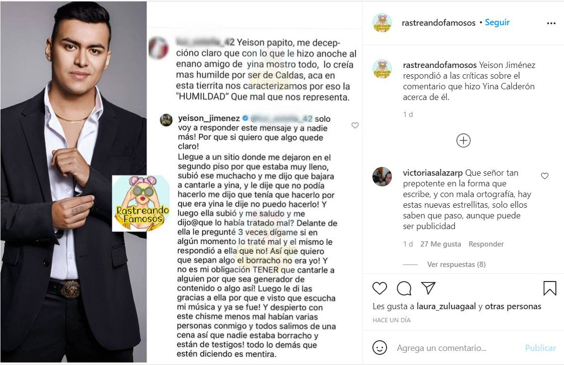 Yeison Jiménez respuesta a Yina Calderón. Foto: Instagram @rastreandofamosos.