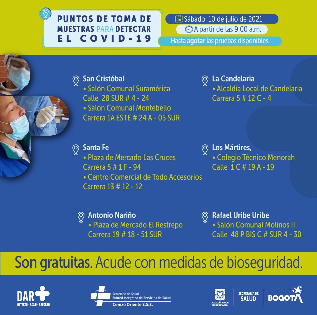 Puntos prueba covid-19 en Bogotá para el 10 de julio Foto: Secretaría Distrital de Salud de Bogotá