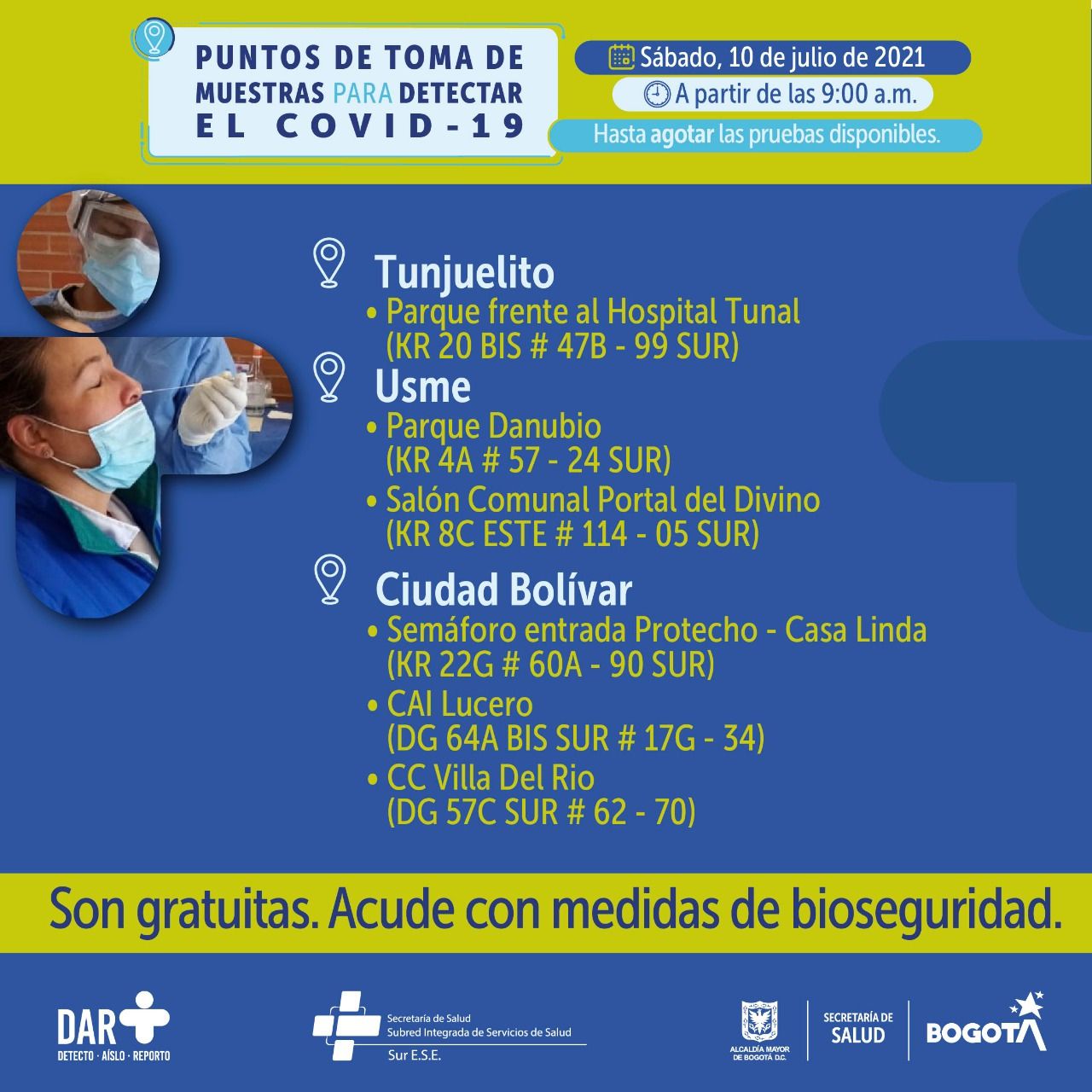 Puntos prueba covid-19 en Bogotá para el 10 de julio Foto: Secretaría Distrital de Salud de Bogotá