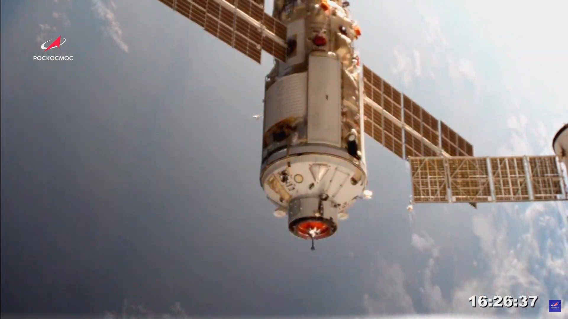A still image taken from a handout video footage made available by the Russian State Space Corporation ROSCOSMOS shows the Nauka Multipurpose Laboratory Module docking to the International Space Station (ISS), 29 July 2021. EFE/EPA/ROSCOSMOS HANDOUT 