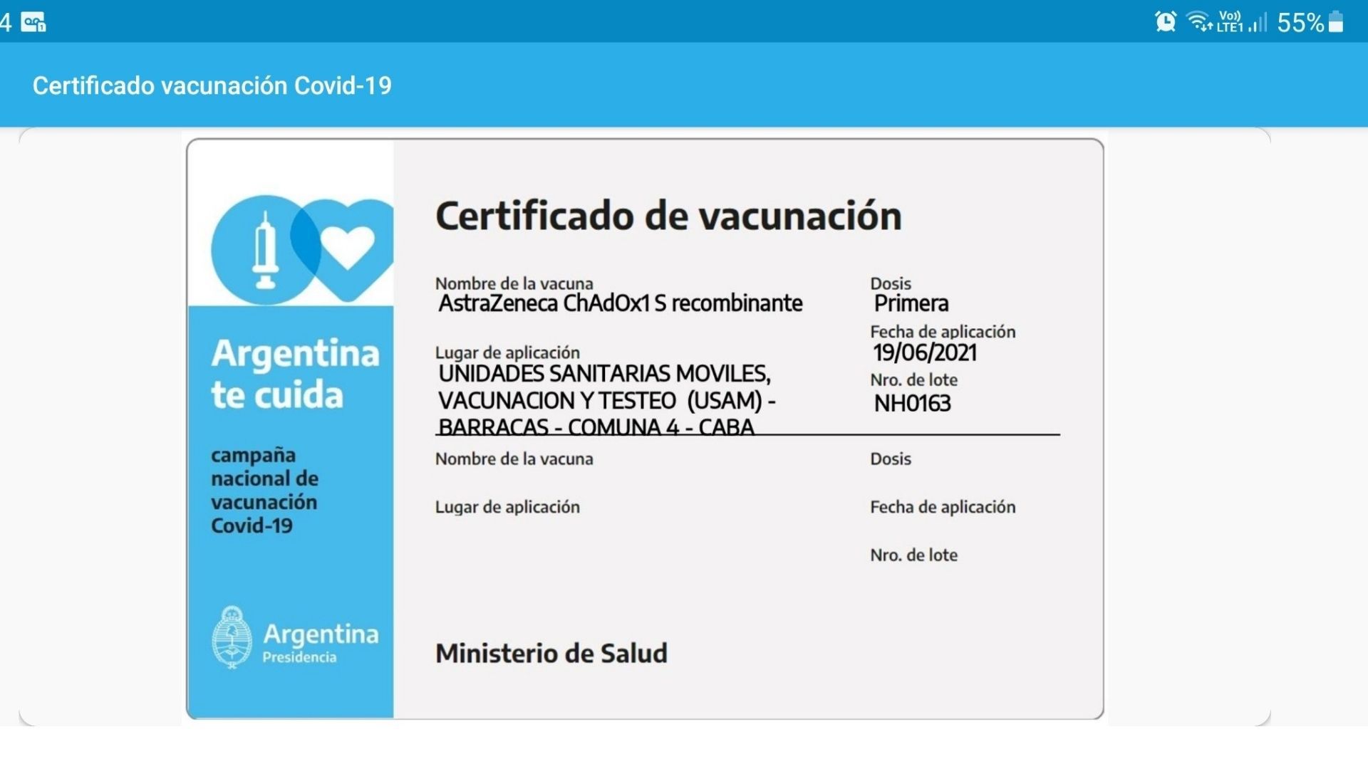 Certificado de vacunación Mi Argentina