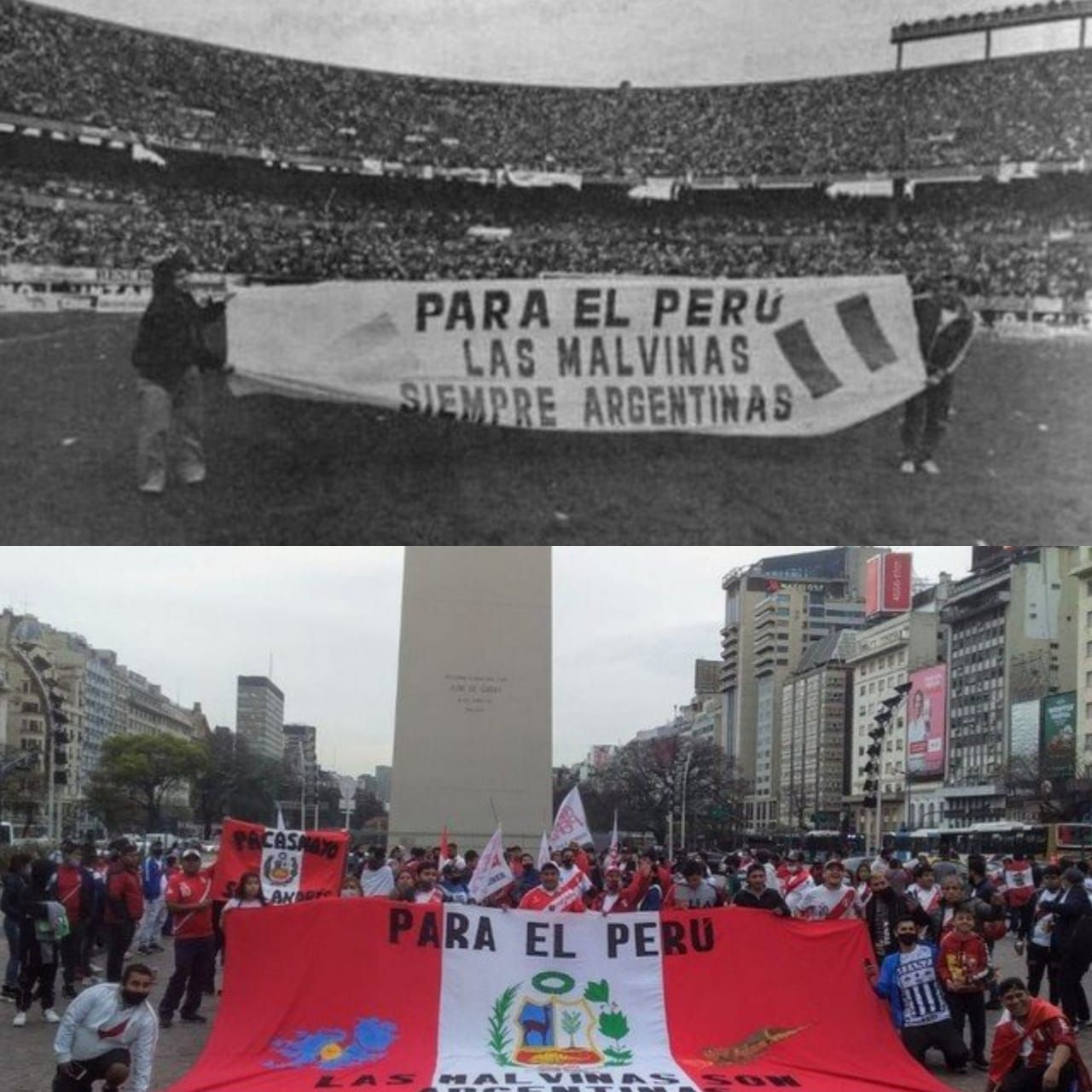 Las banderas que muestran el apoyo de Perú a Argentina por las Malvinas. (Foto: composición)