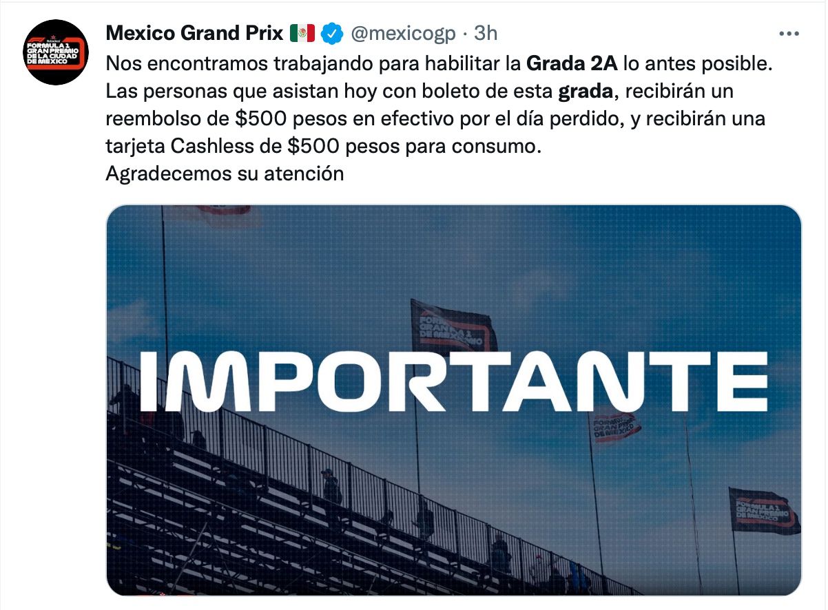 GP de México anunció compensación para los afectados de la grada 2A durante las prácticas libres 1 y 2 del viernes (Foto: Twitter/@mexicogp)