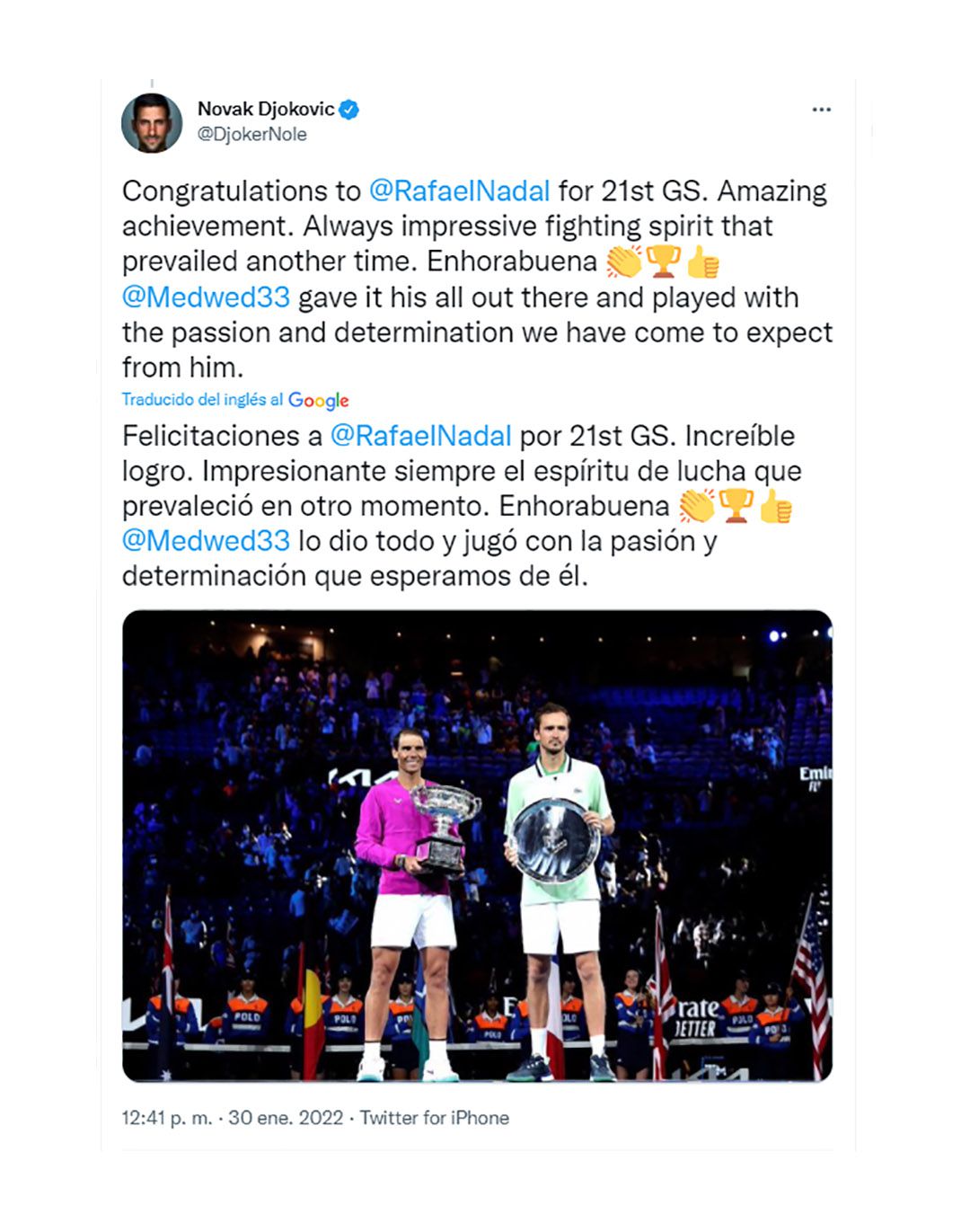 Tuit Novak Djokovic a Rafael Nadal
