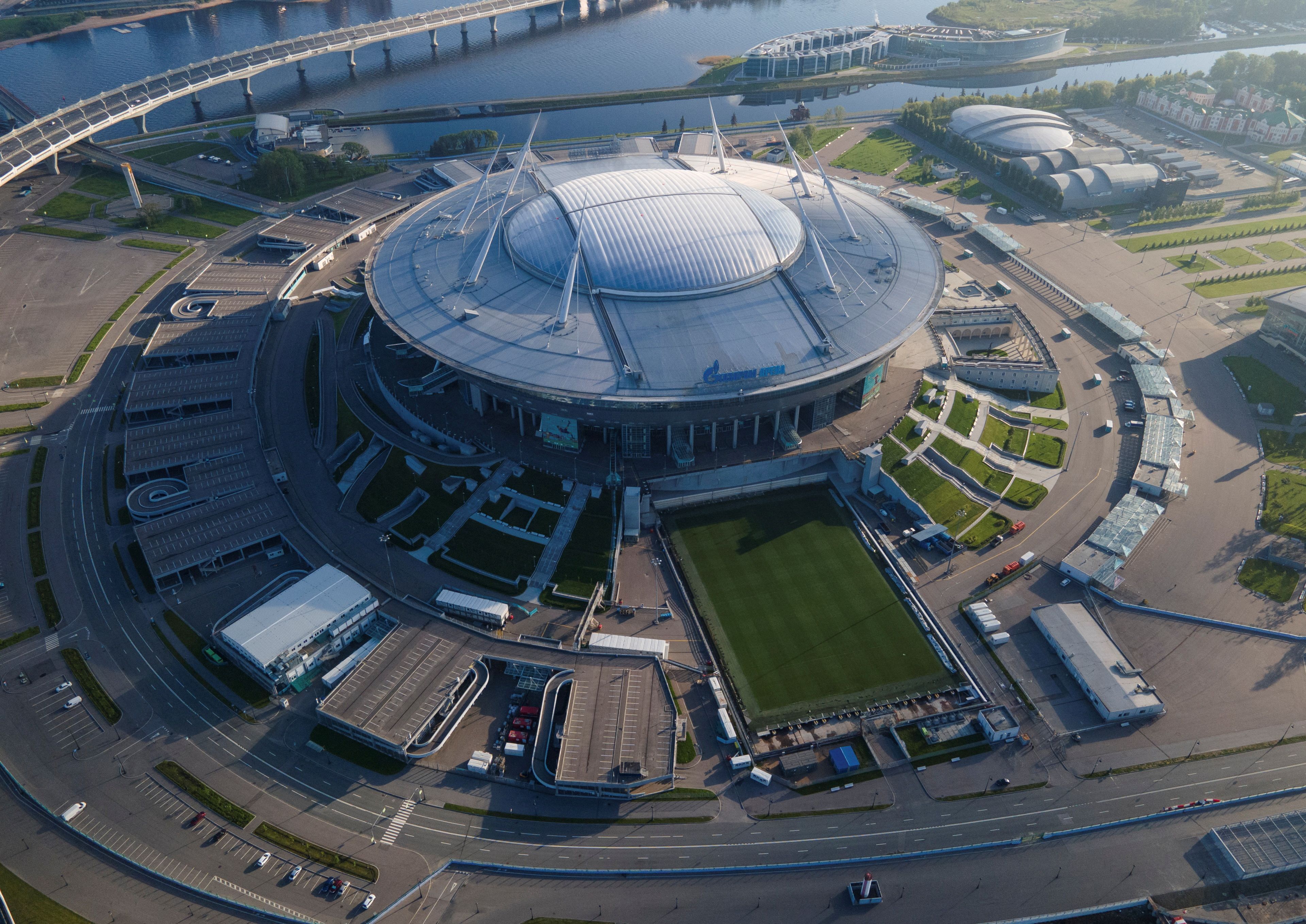 FILE PHOTO: An aerial view shows the Gazprom Arena soccer stadium in St Petersburg, Russia May 25, 2021. Picture taken with a drone. REUTERS/Anton Vaganov/File Photo