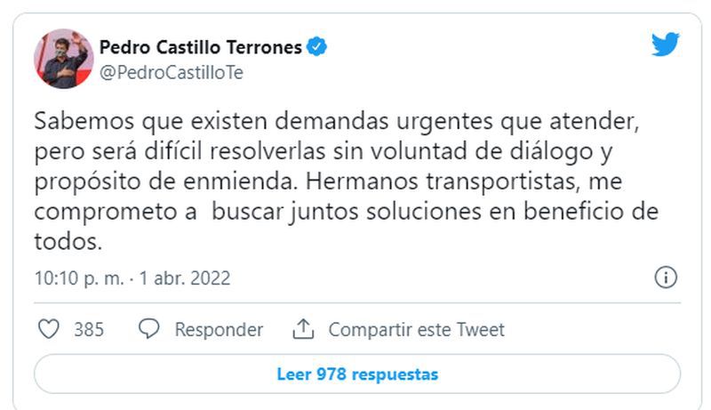 Pedro Castillo en Twitter