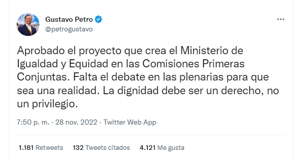 El presidente fue, junto con Francia Márquez, una de las principales figuras políticas en impulsar la creación del Ministerio de la Igualdad en Colombia.
FOTO: vía Twitter (@petrogustavo)