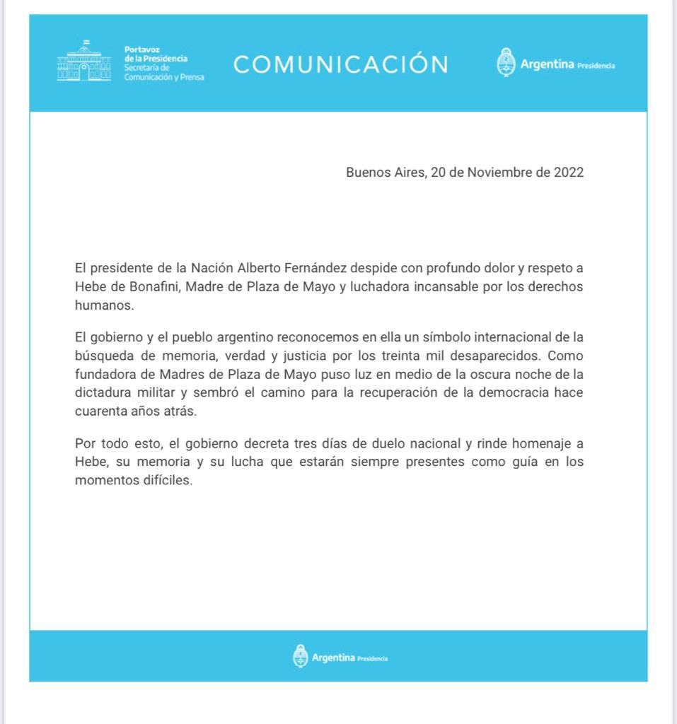 presidencia - muerte de Hebe de Bonafini