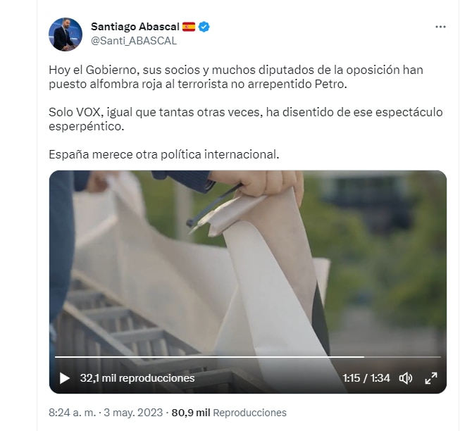 El diputado de Vox cuestionó la política exterior de su país y la visita de Estado del presidente Colombiano en España. Twitter.