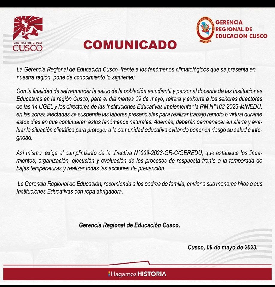 Clases serán suspendidas nuevamente por mal tiempo