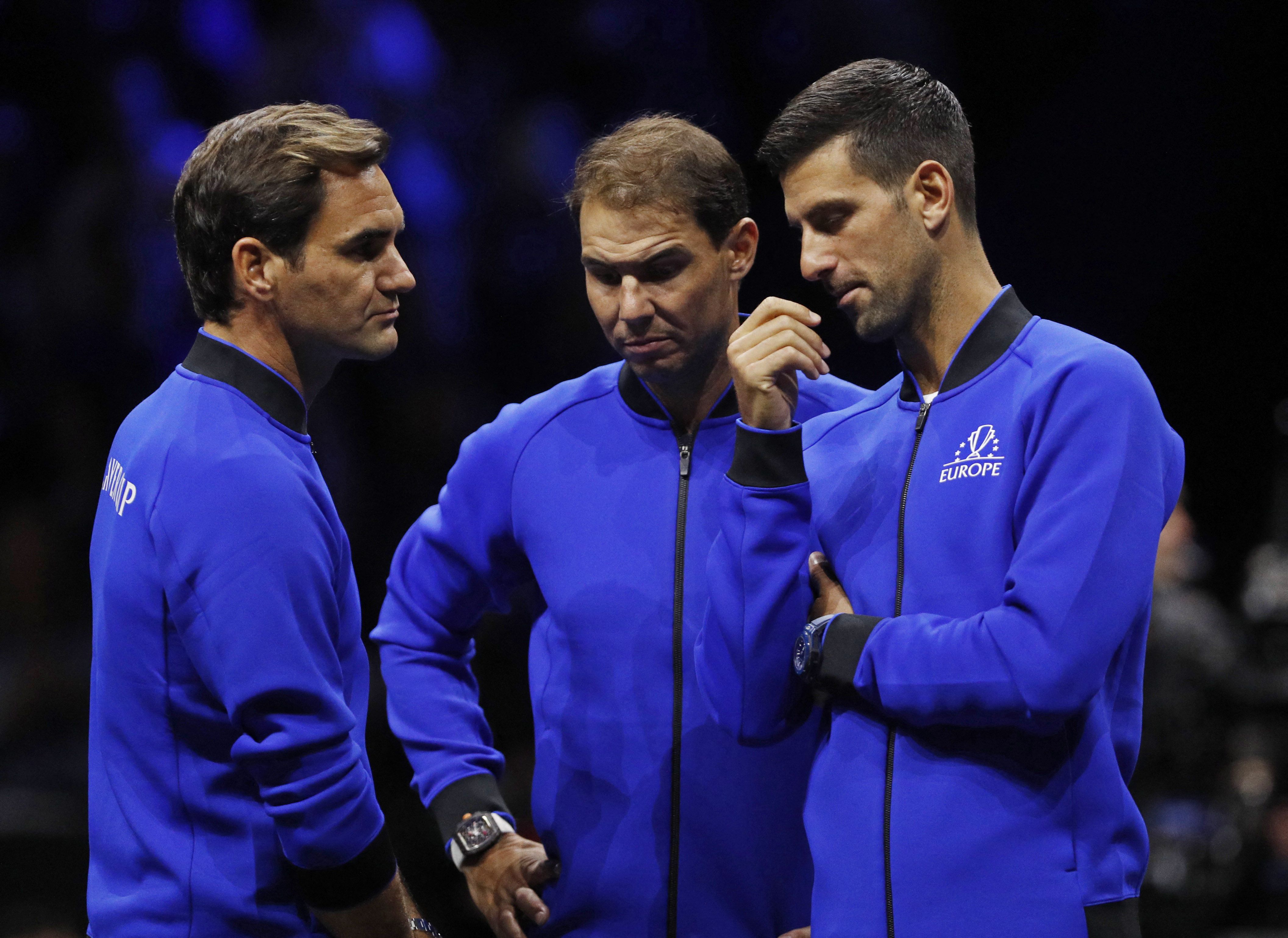 Federer, Nadal y Djokovic, en la última Laver Cup, que marcó la despedida de roger Federer del circuito (Reuters/Andrew Boyers)