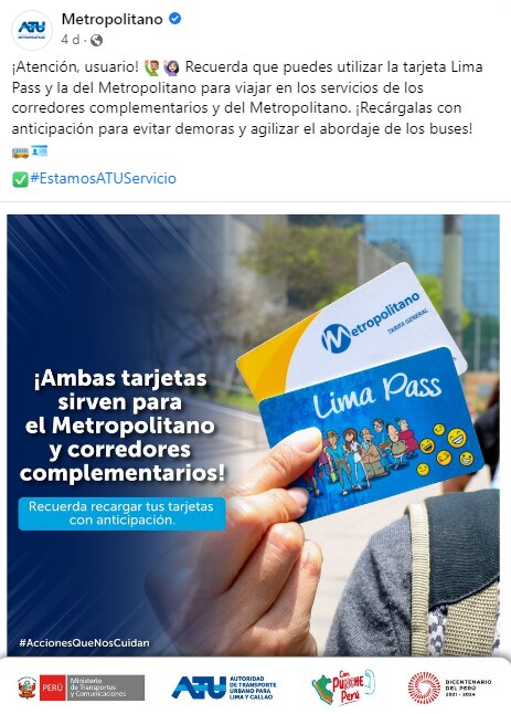 Tarjetas Lima Pass y Metropolitano pueden ser usadas en para el servicio de los corredores complementarios y Metropolitano.