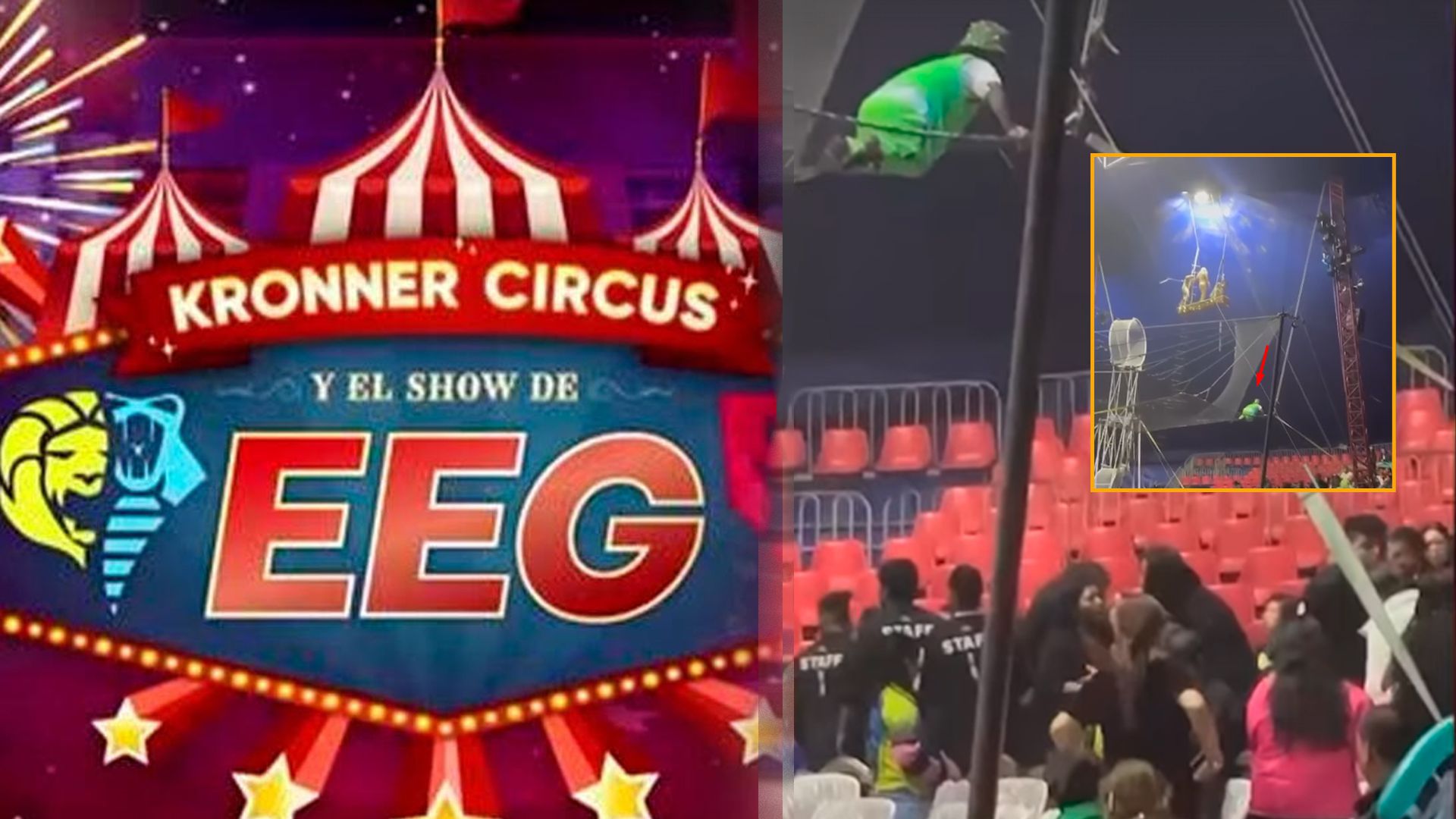 Circo de 'EEG': trapecista sufre accidente al caer fuera de las mallas de seguridad. (Composición: Infobae)