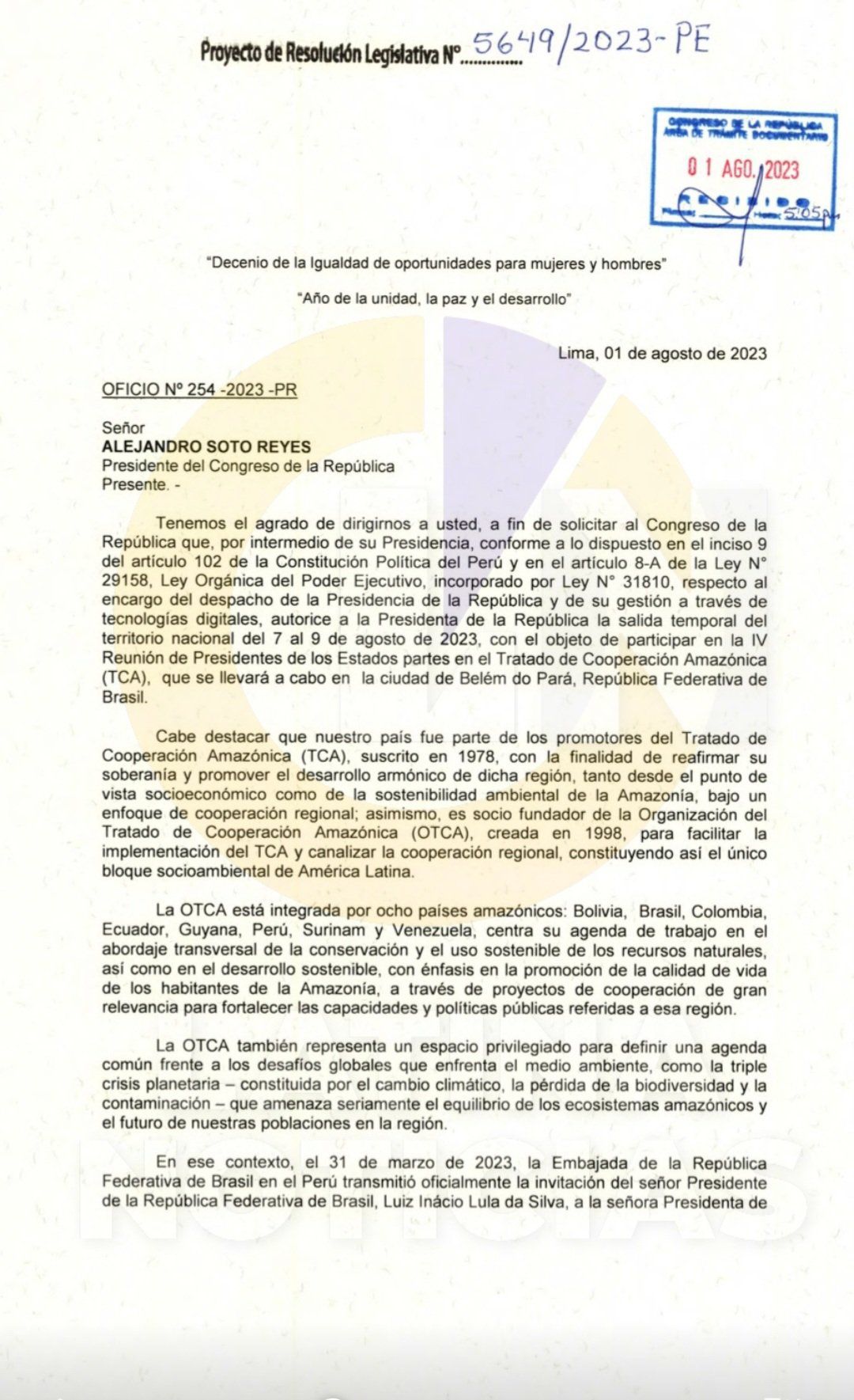 Carta de Dina Boluarte enviada al Congreso