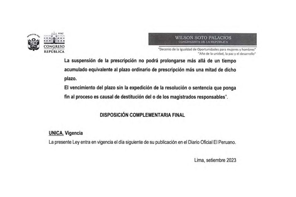 Proyecto de ley de Wilson Soto (Acción Popular) para fortalecer aún más la ley que recorta el plazo de la prescripción. Fuente: Congreso.