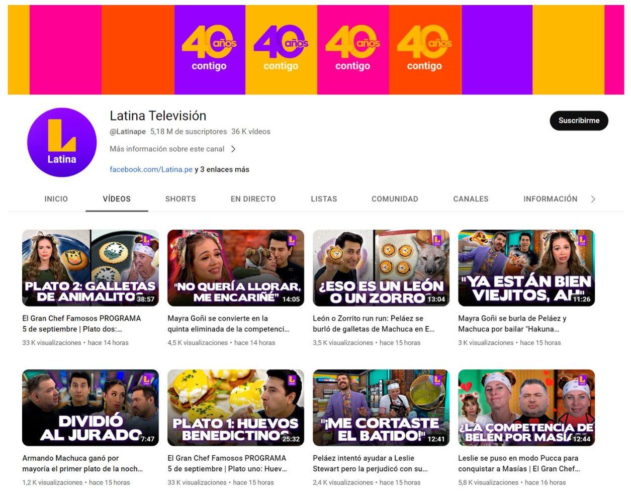 Página oficial de Youtube de Latina TV. Captura de Youtube