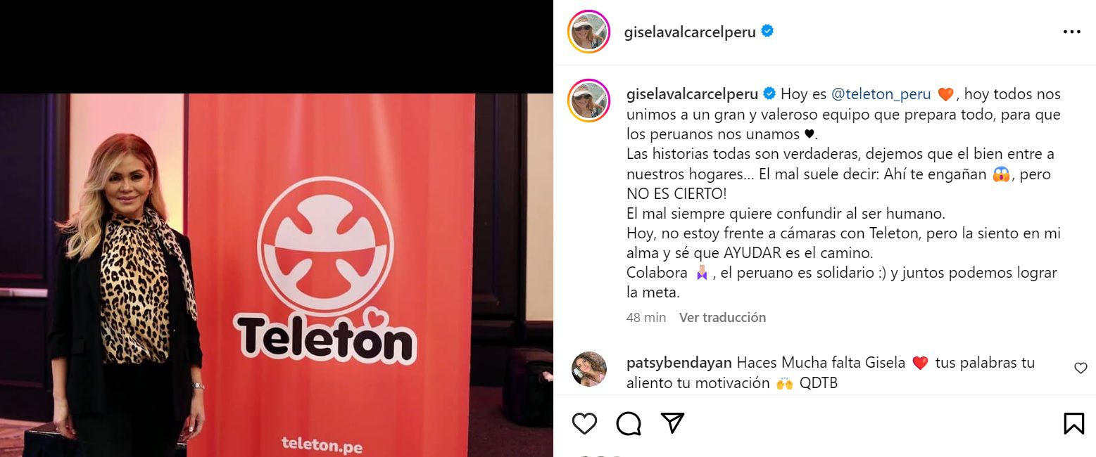 Gisela Valcárcel explica por qué no está en la Teletón 2023 y envía mensaje a incrédulos - Perú - 9 de septiembre - Instagram.