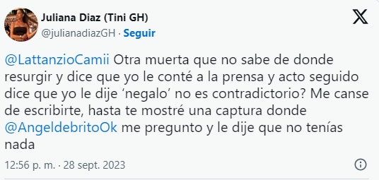 Juliana Díaz fue lapidaria con Camila Lattanzio (Twitter)