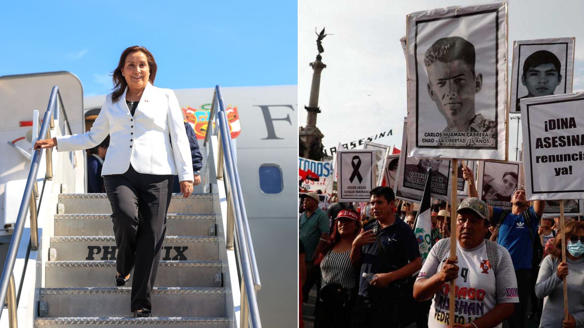 Dina Boluarte bajando de un avión al lado de la imagen de una protesta en su contra.